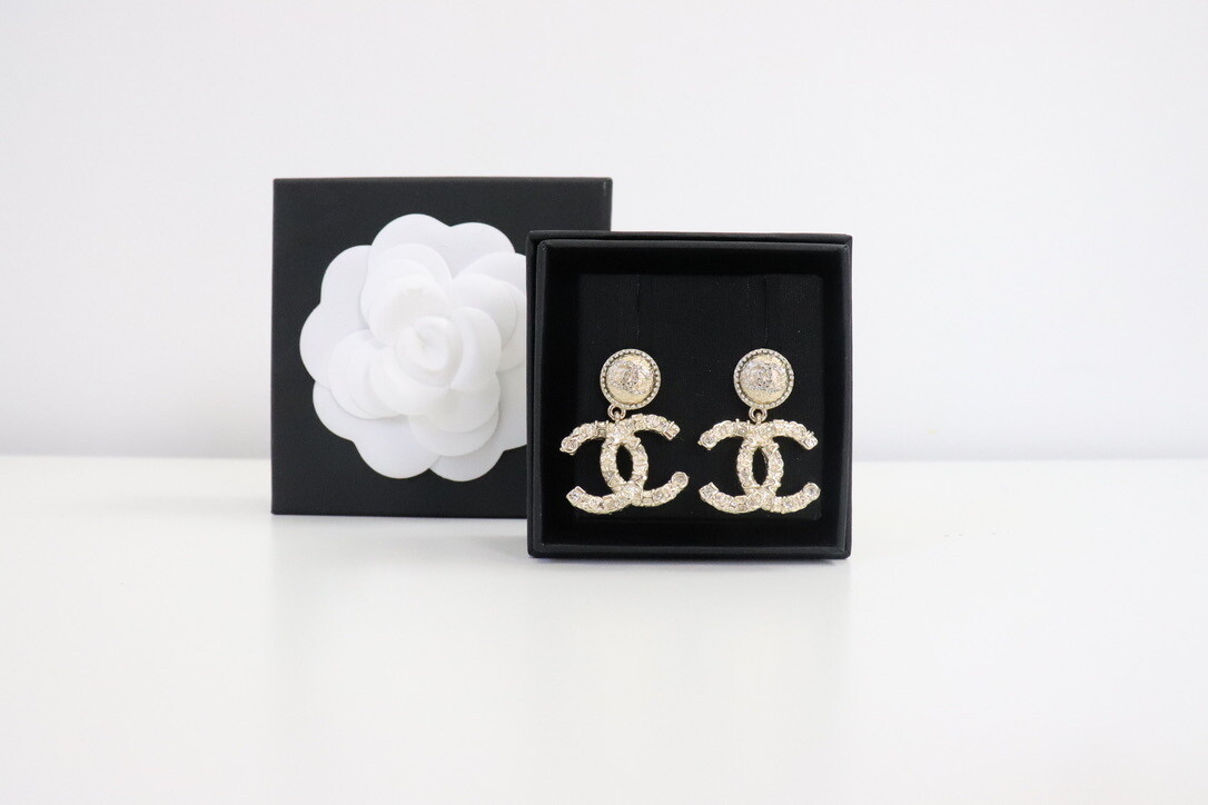 Chanel Earrings Gold Dangles with CC, Like New in Box