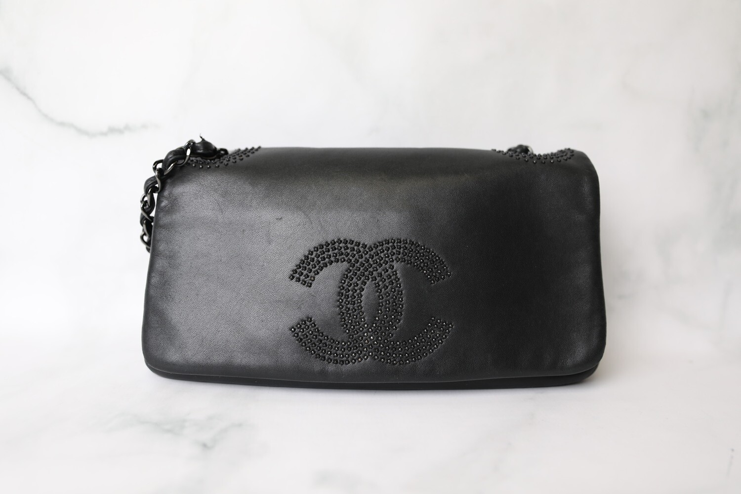 Chanel East West Studded Flap, Black Lambskin with Shiny Black Hardware, preowned in Dustbag WA001