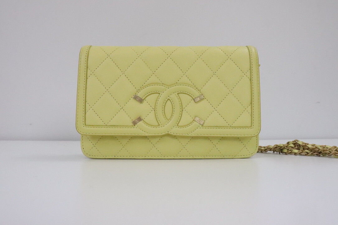 Chanel Wallet on Chain Filigree Yellow Caviar Leather, Antique Gold Hardware, New in Box