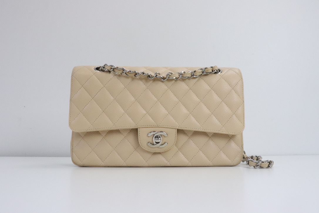 Chanel Classic Medium Double Flap, Beige Caviar Leather, Silver