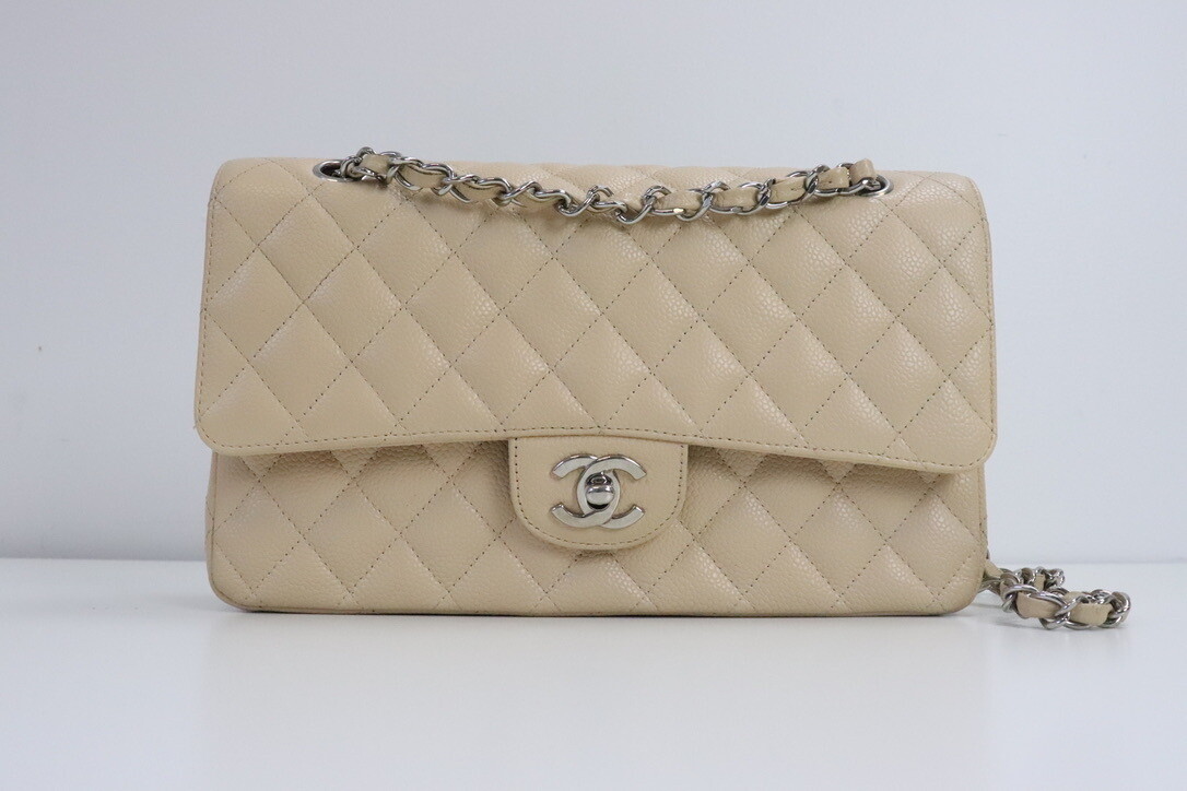 Chanel Classic Double Flap Beige Caviar Leather, Silver Hardware, Preowned in Box