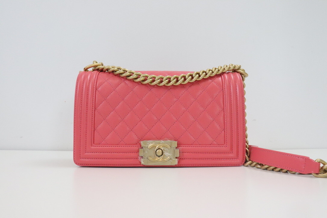 Chanel Boy Old Medium 18S Pink Caviar Leather, Antique Gold Hardware, New in Box