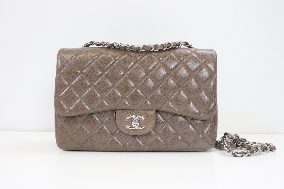 Chanel Classic Jumbo Single Flap, Dark Taupe Caviar Leather, Silver Hardware, Preowned in Dustbag