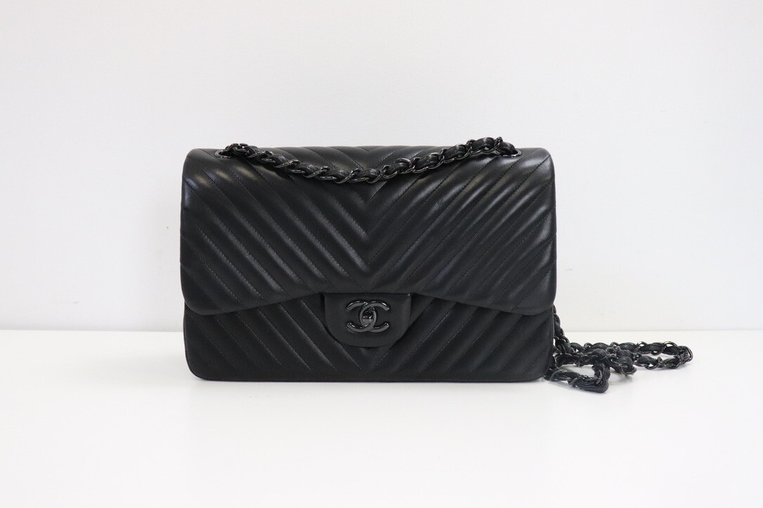 Chanel Classic Jumbo Double Flap So Black Chevron Lambskin Leather, Preowned in Box
