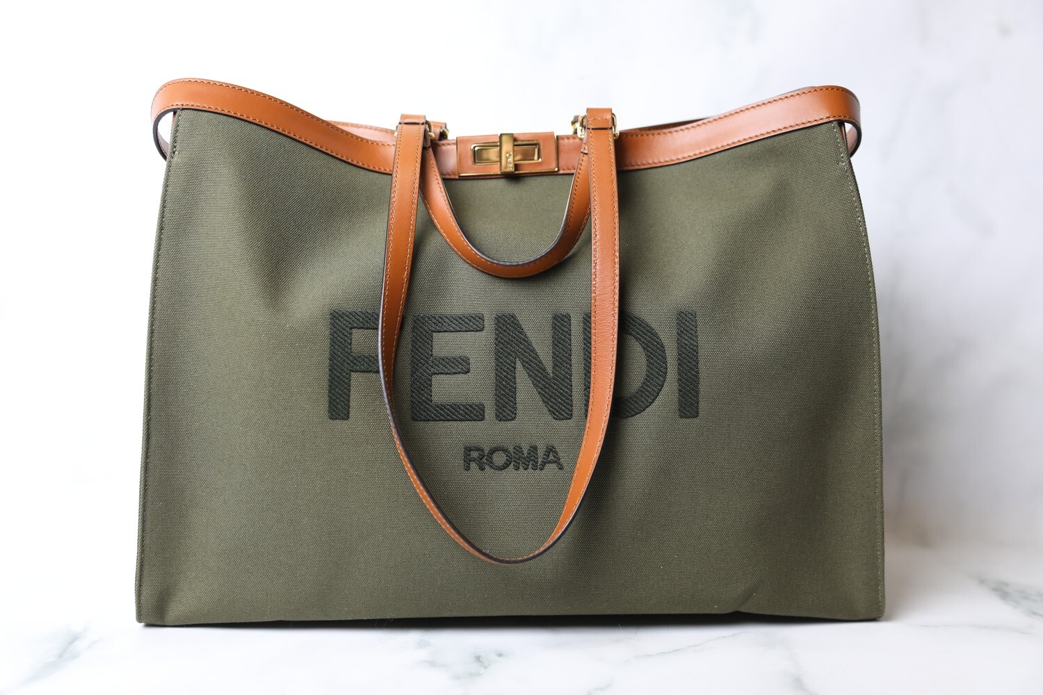 Fendi Peekabo X Tote Large Khaki Canvas with Tan Trim New in Dustbag WA001 Julia Rose Boston Shop