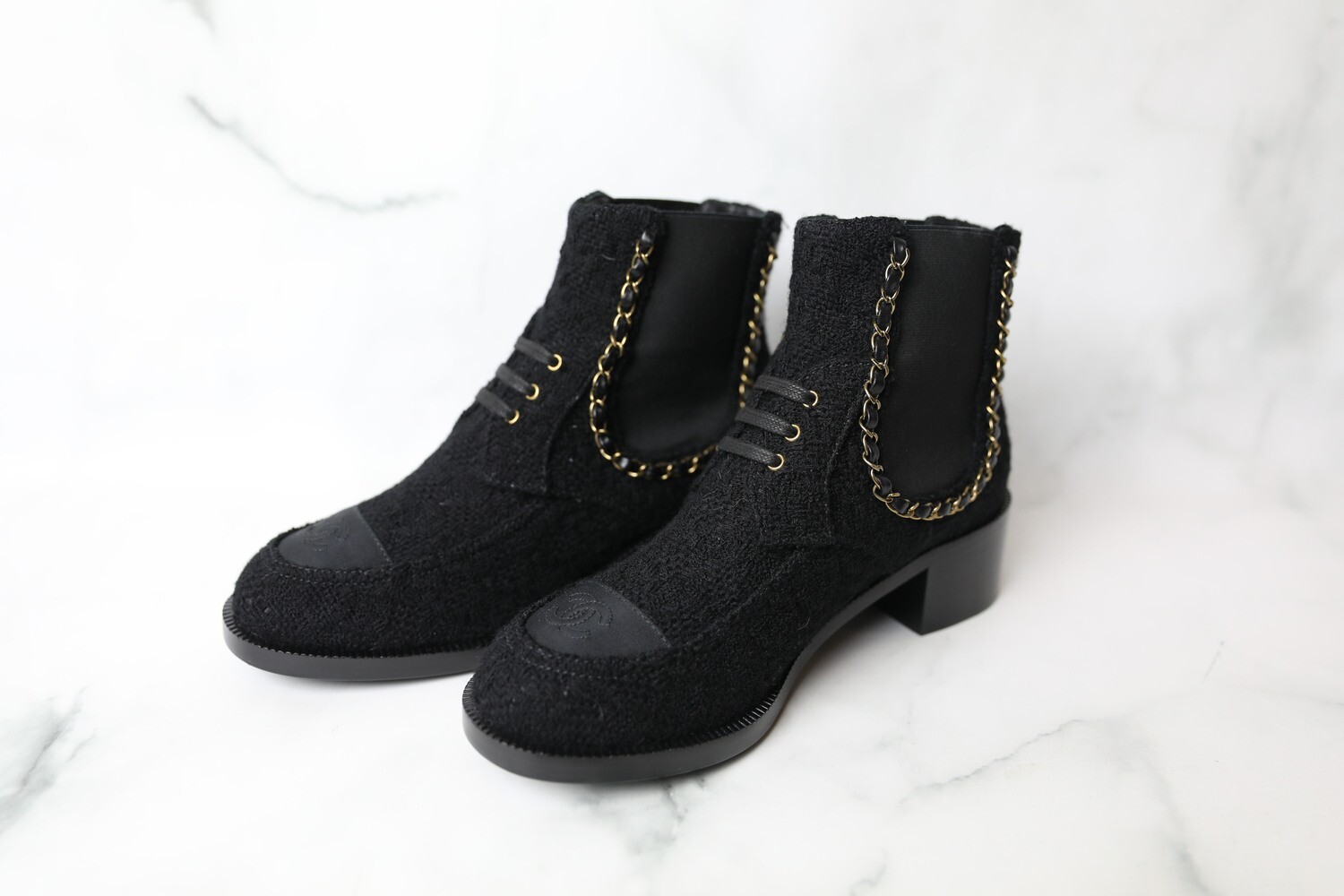 Chanel Ankle Boots, Black Tweed with Gold Chain Detail, Size 40, New in Box WA001