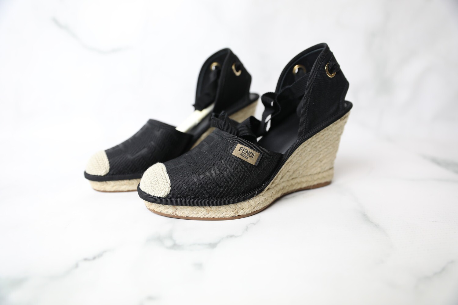 Fendi Wedge Espadrilles, Black, Size 37, New in Box WA001