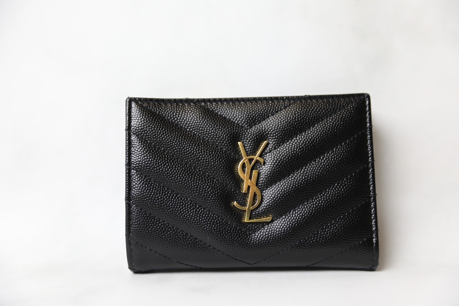 Saint Laurent Bifold Wallet, Black Grained with Gold Hardware, New in Box WA001