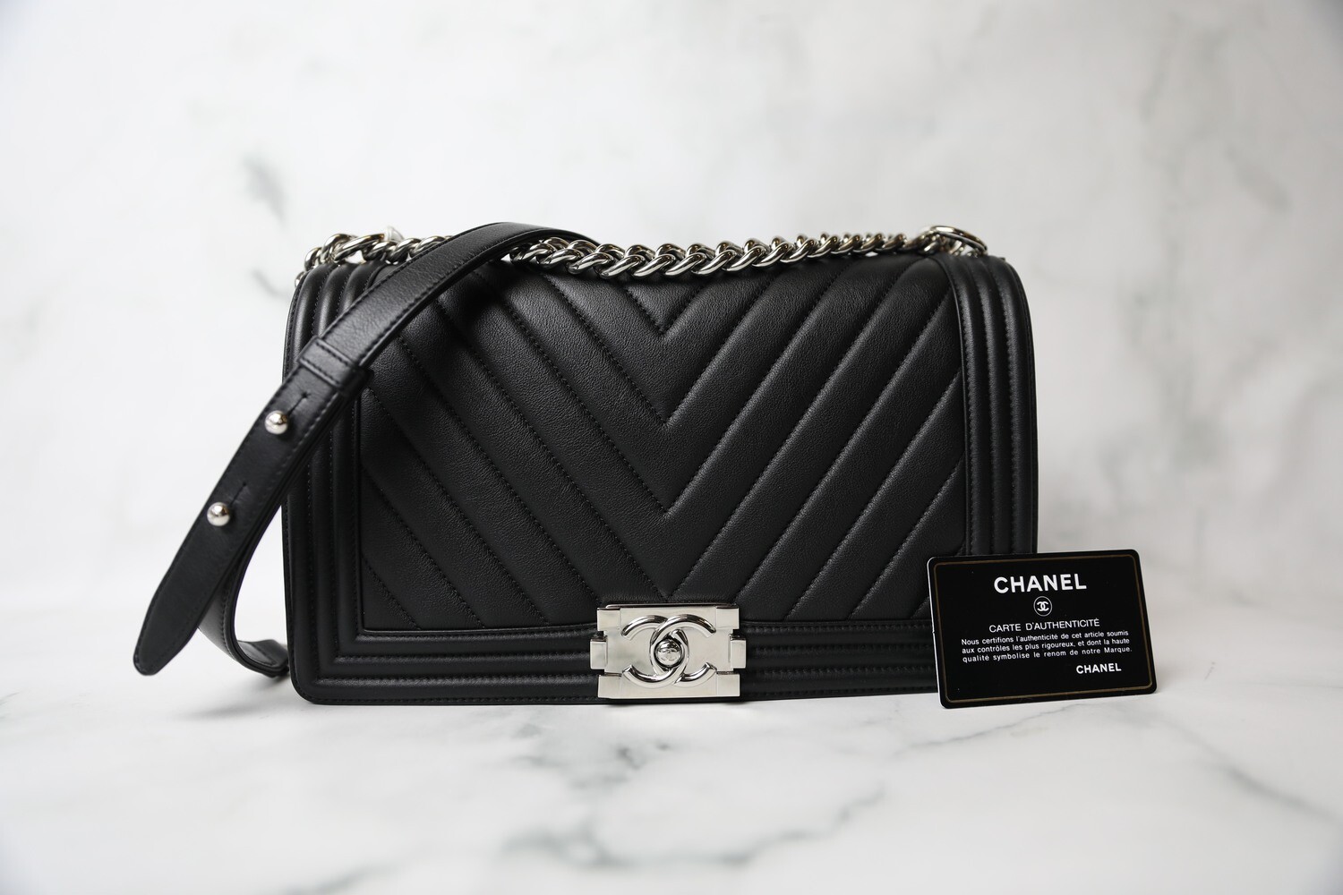 Chanel Boy New Medium, Black Chevron Calfskin with Silver Hardware, Preowned in Box WA001