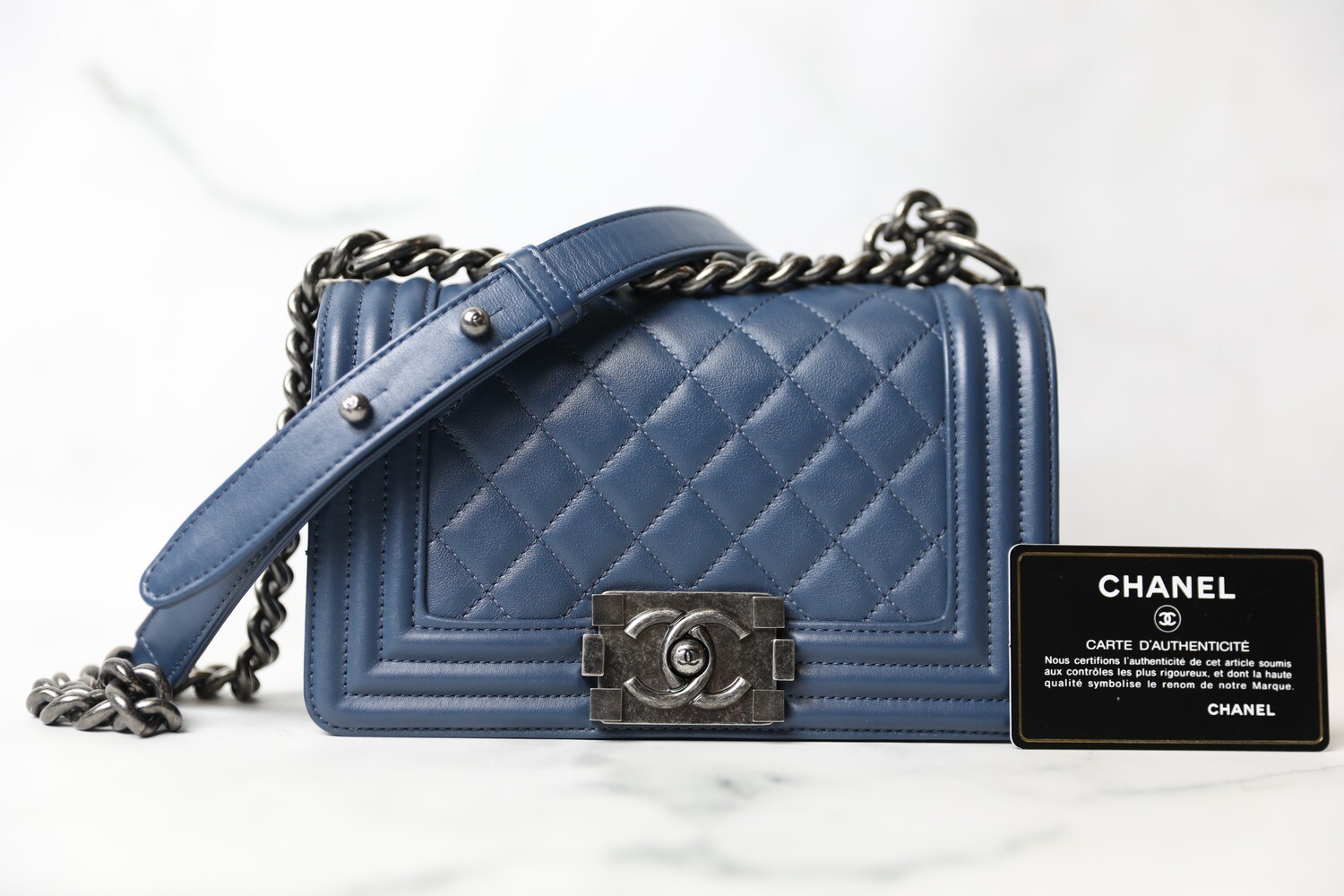 Chanel Boy Small, Blue Lambskin with Ruthenium Hardware, Preowned in Box WA001
