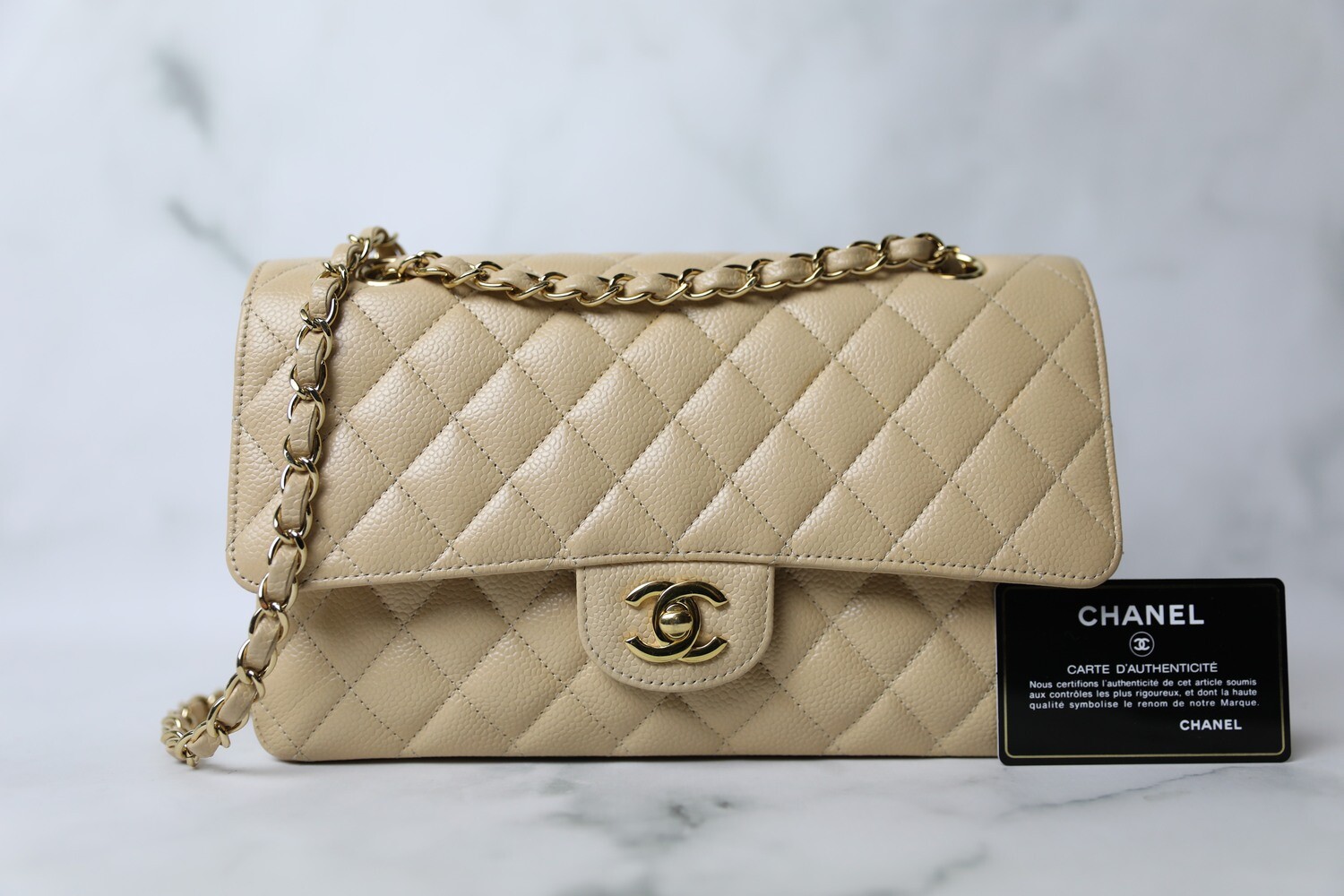Chanel Classic Medium, Beige Caviar with Gold Hardware, Preowned in Box WA001