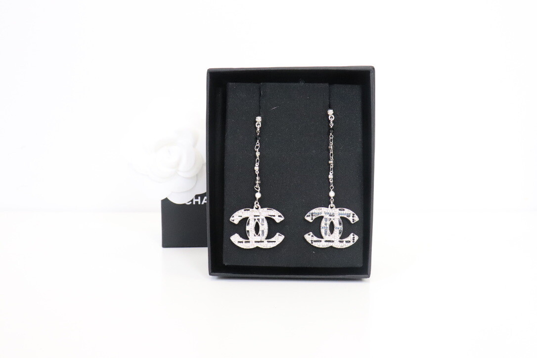 Chanel Earrings Blue Plaid Dangle Drop, New in Box