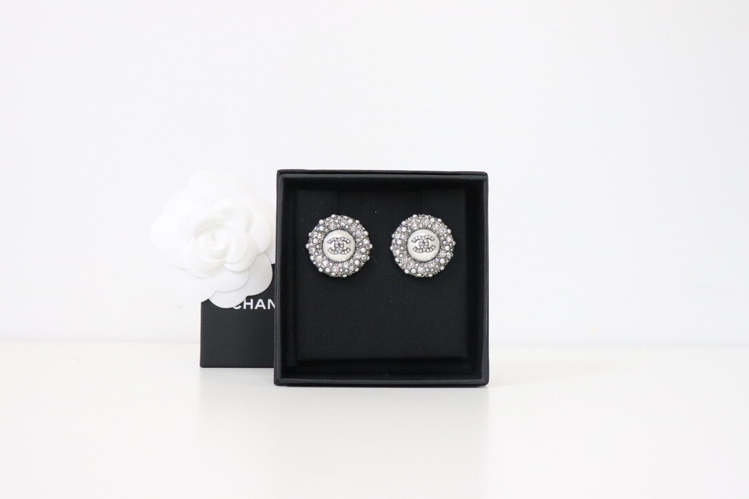 Chanel Earrings Large Statement Round Crystal (Silver) and Pearl Pierced, New in Box