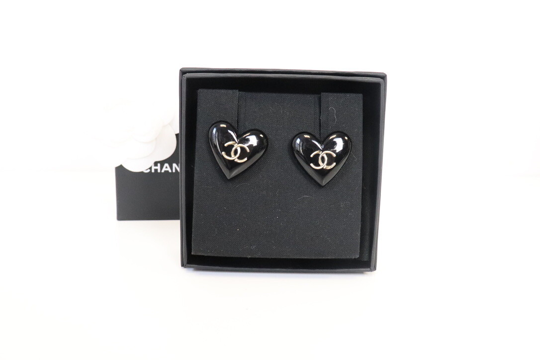 Chanel Earrings Heart Black Studs with Gold CC, New in Box