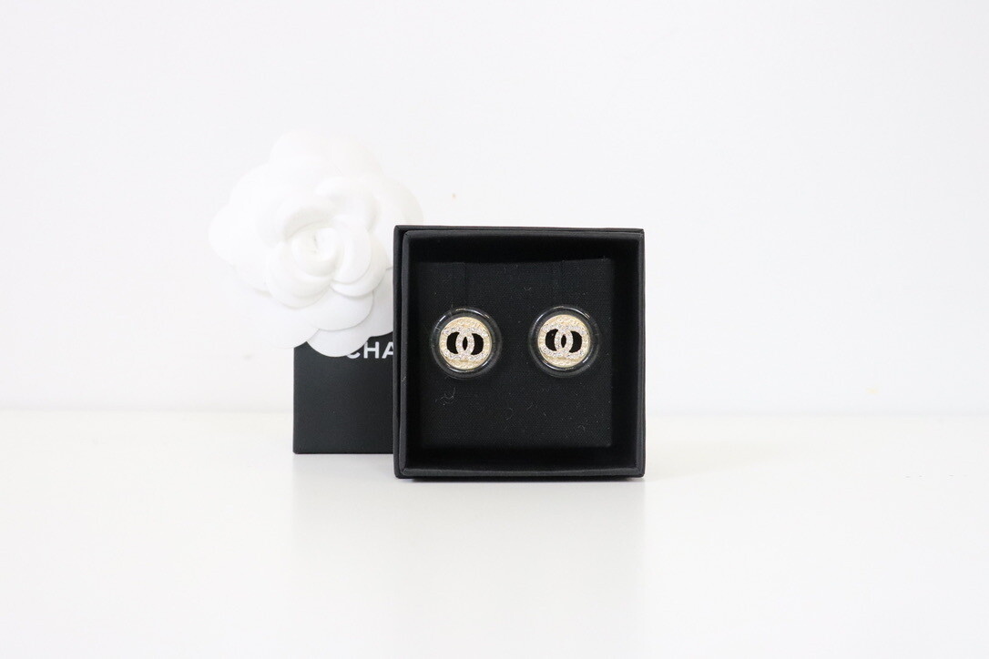 Chanel Earrings Clear Round with Gold and Crystal Studs, New in Box