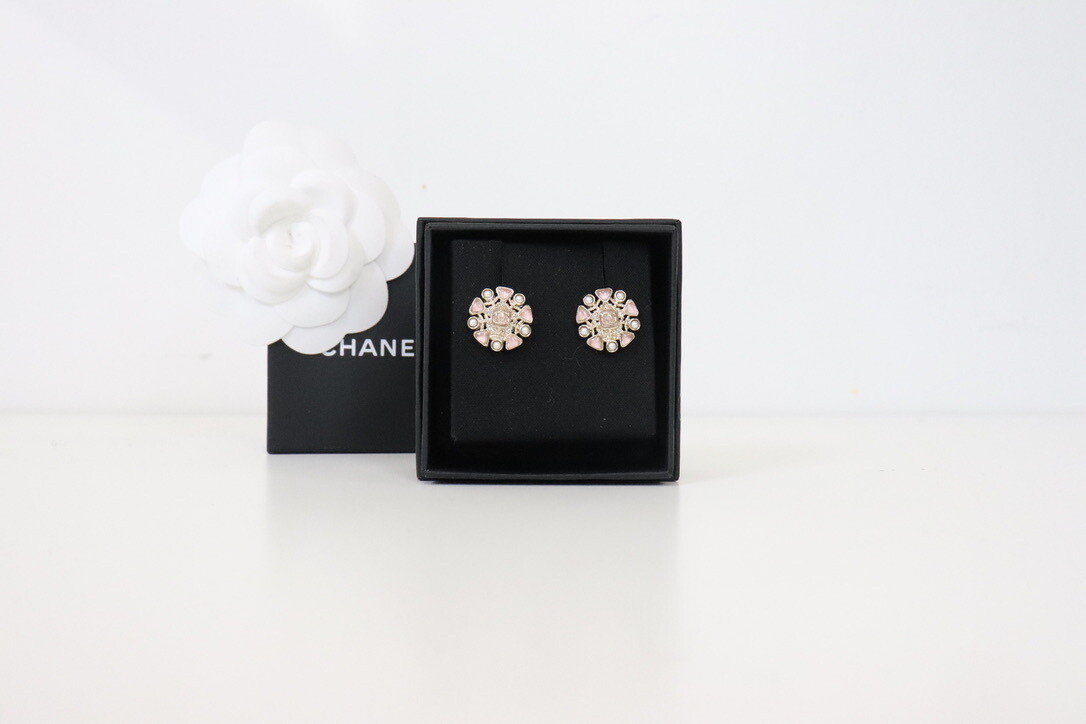 Chanel Earrings Studs Pink and Pearl Round, New in Box