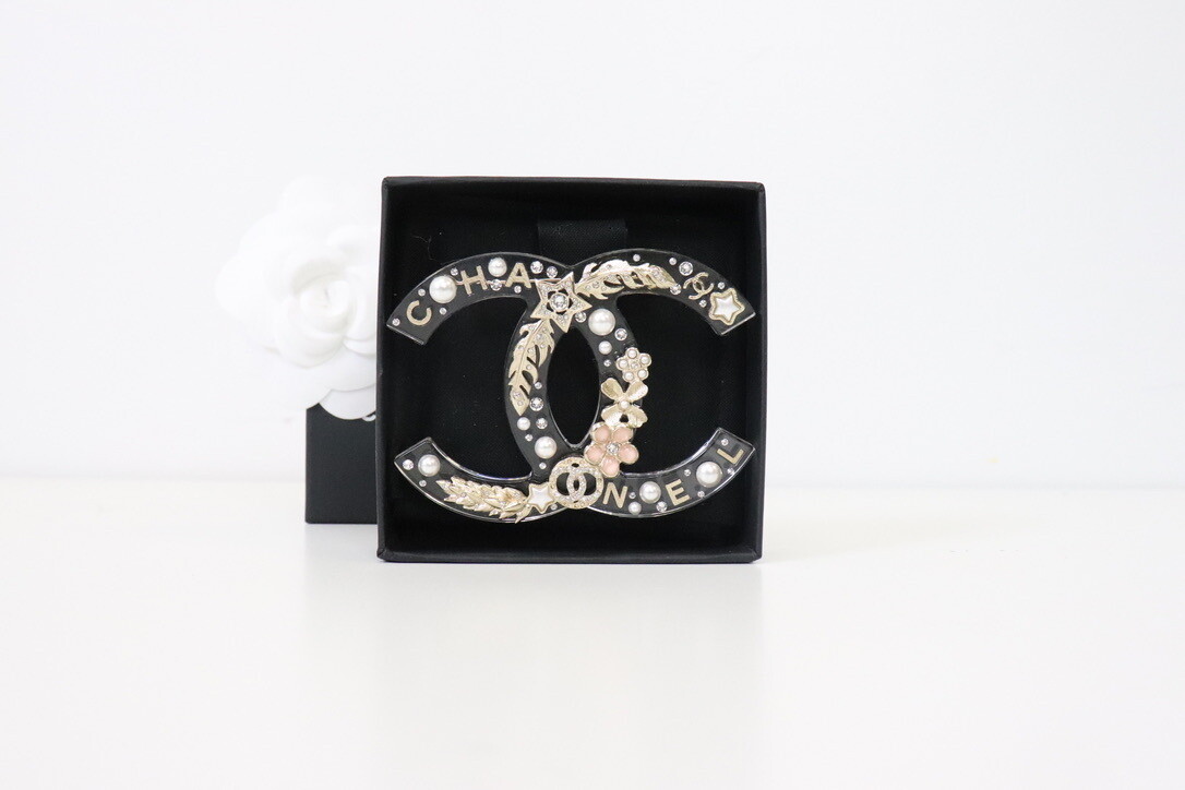 Chanel Brooch Acrylic CC with Pearl and Gold Flower, New in Box
