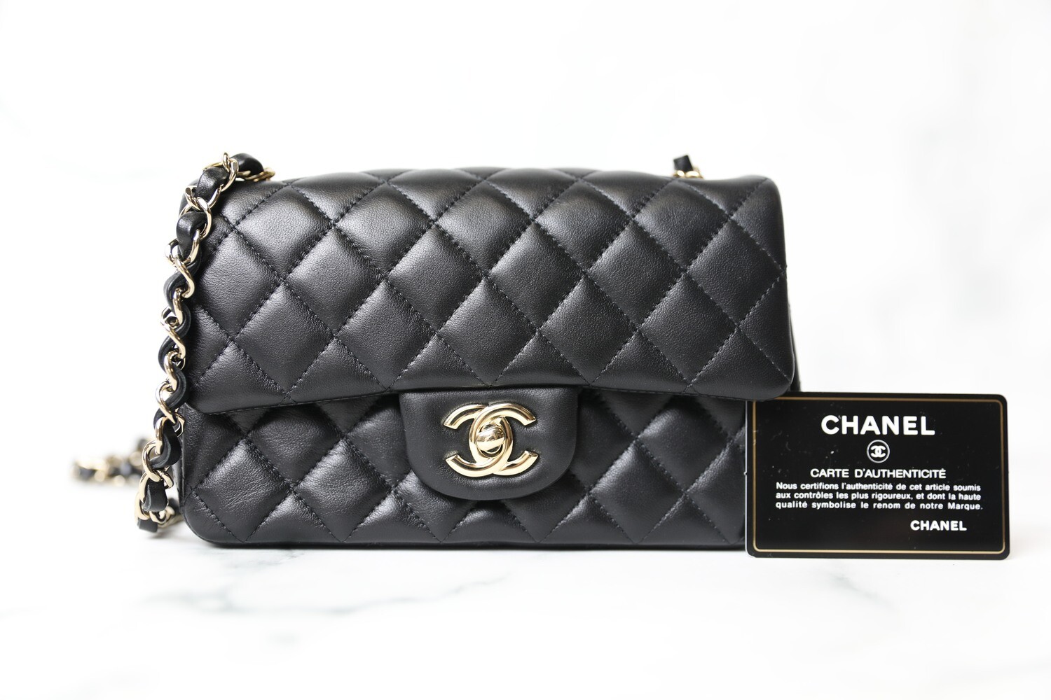 Chanel Classic Mini Rectangular, Black lambskin with Gold Hardware, Preowned in Box WA001