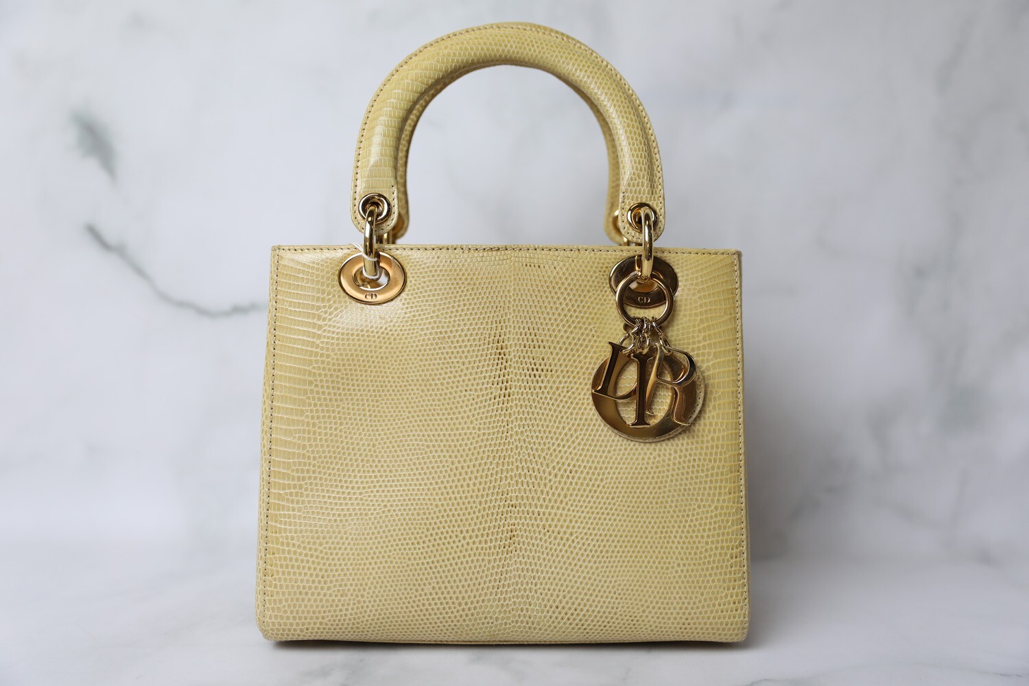 Dior Lady Dior Medium, Beige Genuine Lizard Leather with Gold Hardware, Preowned in Dustbag WA001
