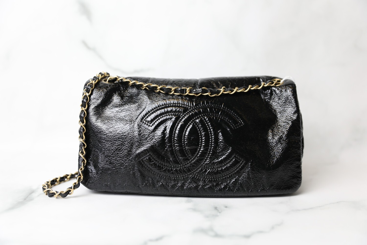 Chanel Rock and Chain Flap Bag, Black Patent with Gold Hardware, Preowned no Dustbag WA001