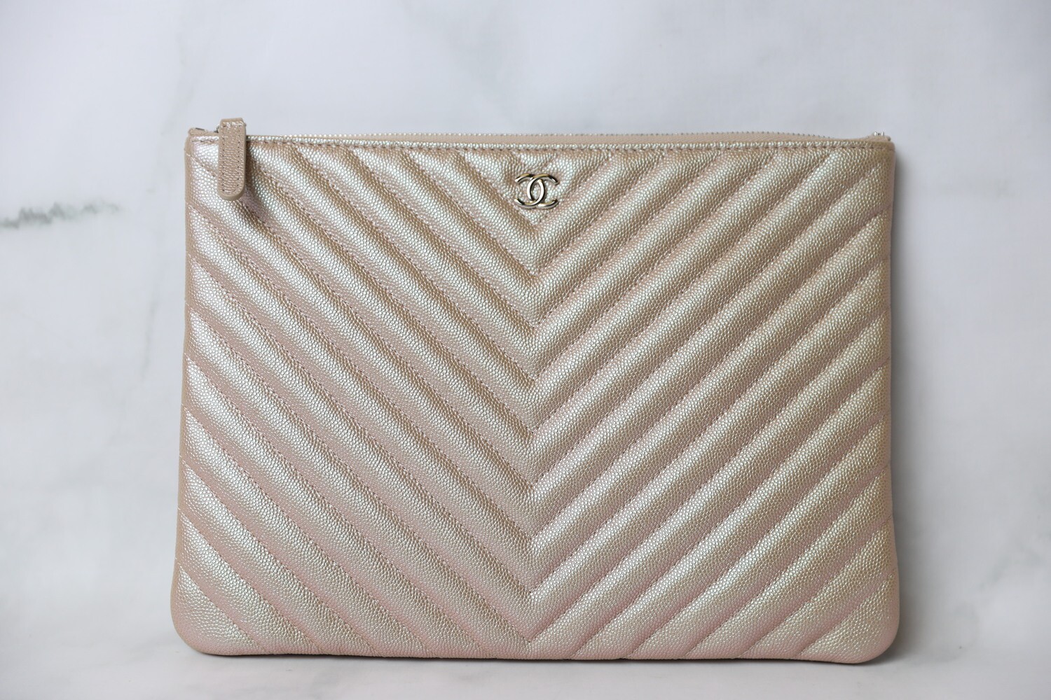 Chanel Large O Case, 17B Rose Gold Chevron Caviar with Silver Hardware, Preowned in Box WA001