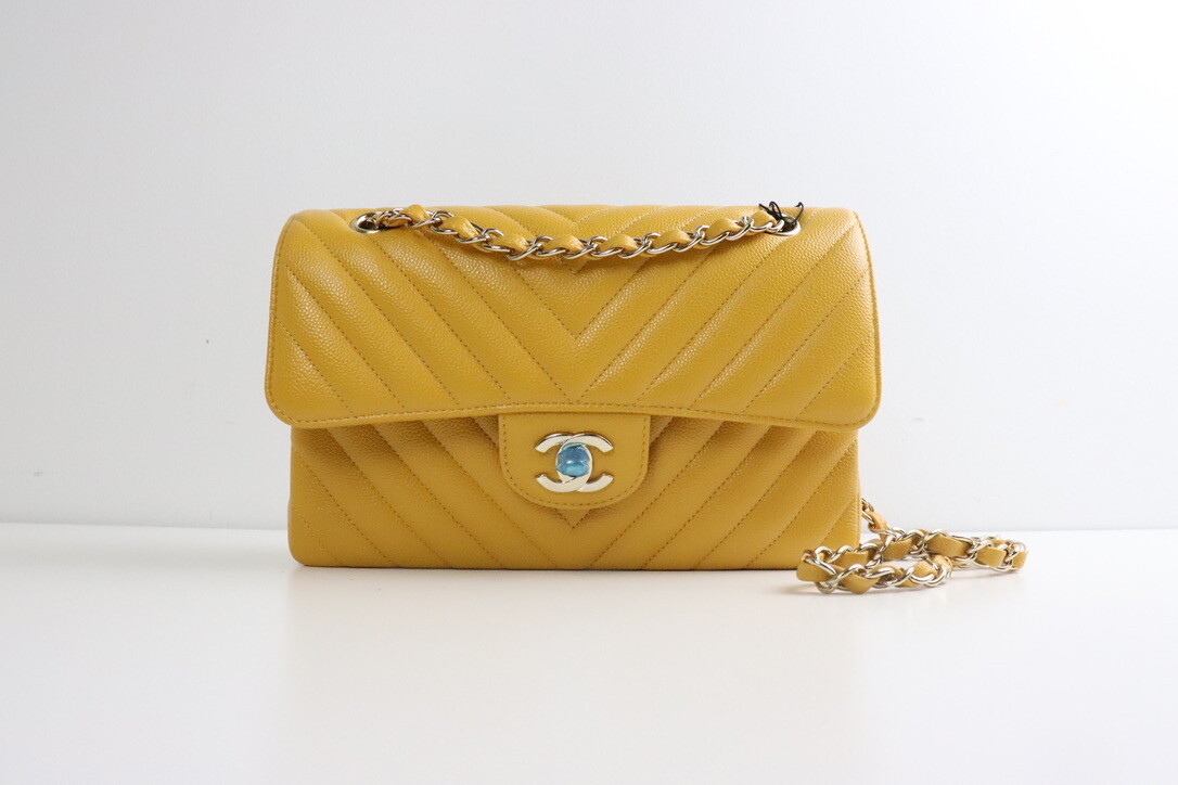 Chanel Classic Small Double Flap, 20B Mustard Caviar Chevron Leather, Gold Hardware, New in Dustbag