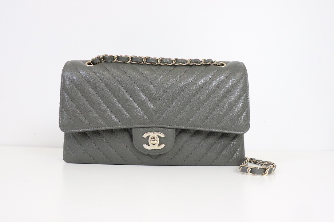 Chanel Classic Medium Double Flap 20B Grey Caviar Leather, Light Gold Hardware, New in Box