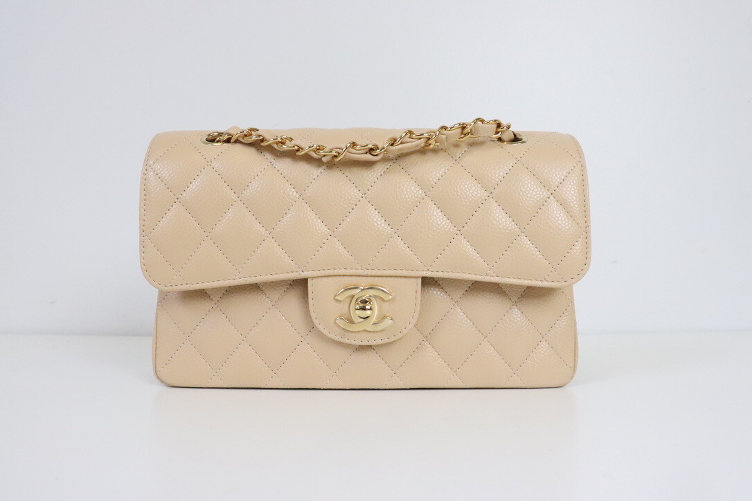 Chanel Classic Small Double Flap Beige Caviar Leather, Gold Hardware, New in Box