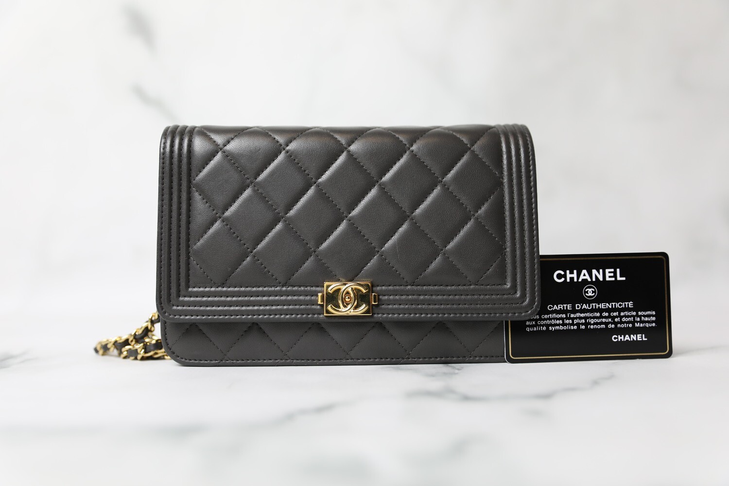 Chanel Wallet on Chain Boy, Grey Lambskin with Gold Hardware, Preowned no Dustbag WA001