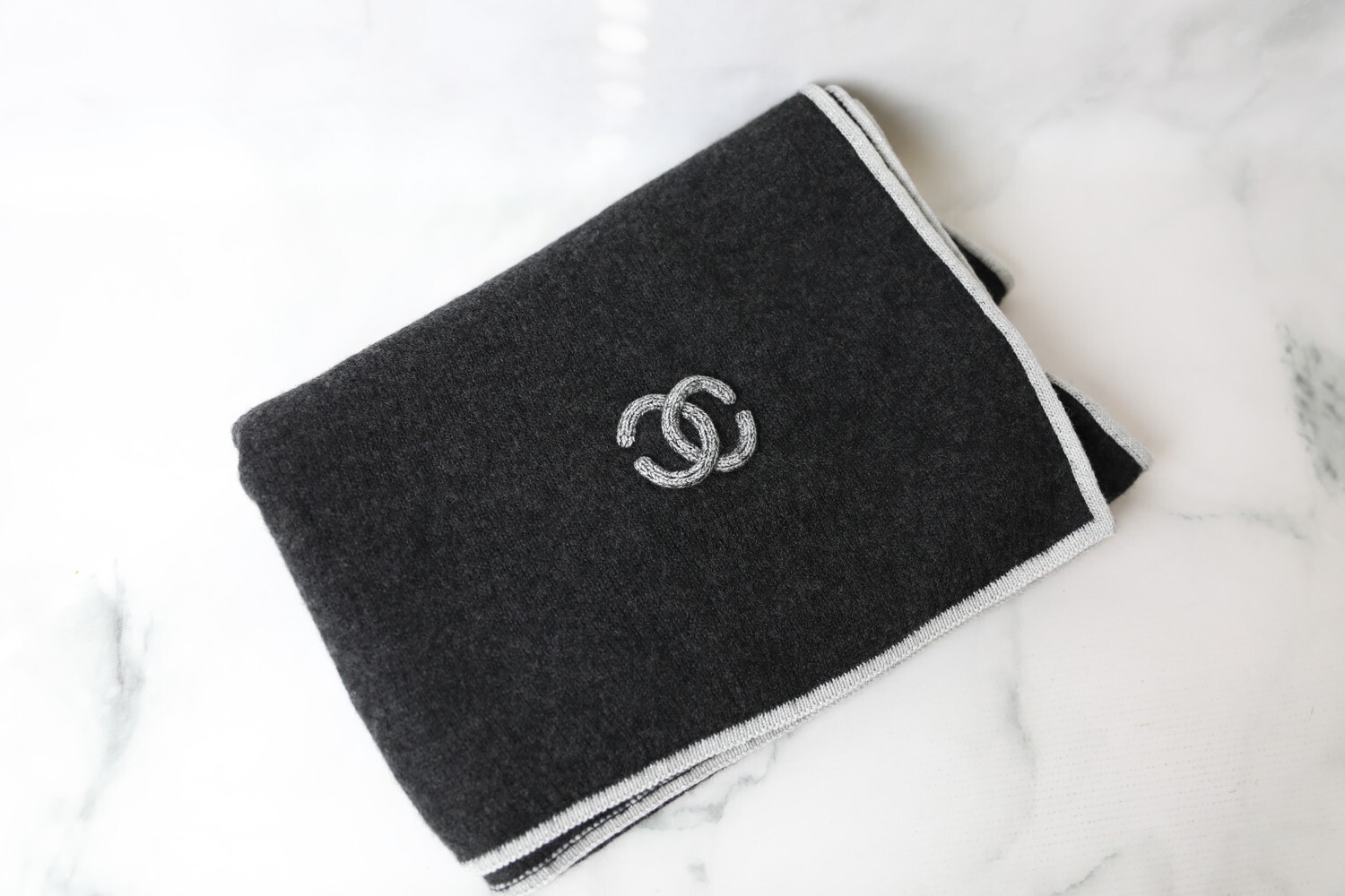 Chanel Cashmere Scarf, Dark Grey with White Trim, New WA001
