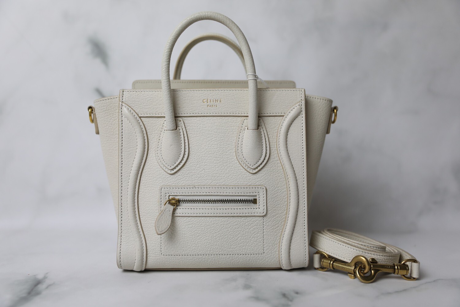 Celine Luggage Nano, White Grained Leather, Preowned - No Dustbag WA001