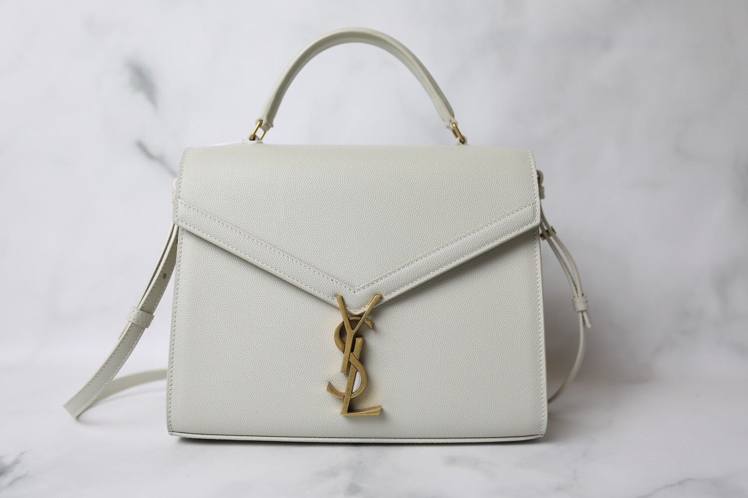 Saint Laurent Cassandra, Ivory White Pebbled Leather with Gold Hardware, New in Dustbag WA001