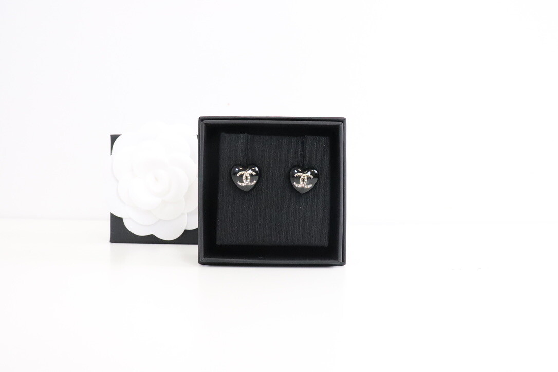 Chanel Earrings Black Heart Studs, New in Box