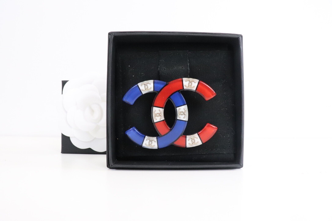 Chanel Brooch Acrylic CC with Blue, Red and Gold CC, New in Box