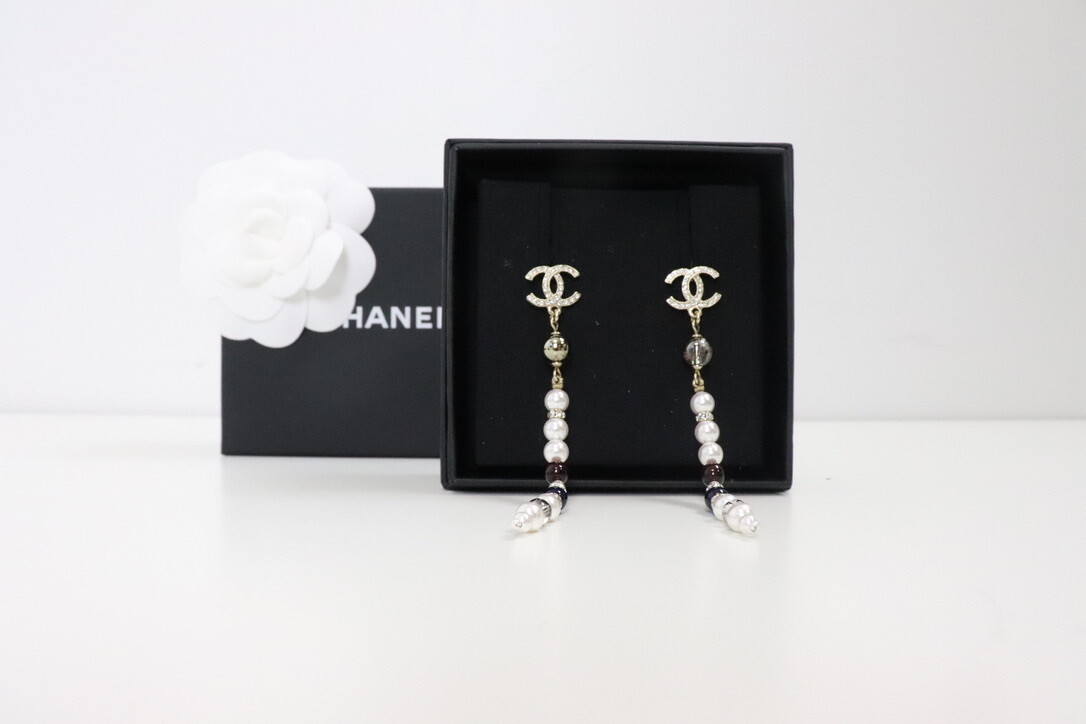 Chanel Earrings Pearl and Dark Beads Dangles Long Crystal, New in Box