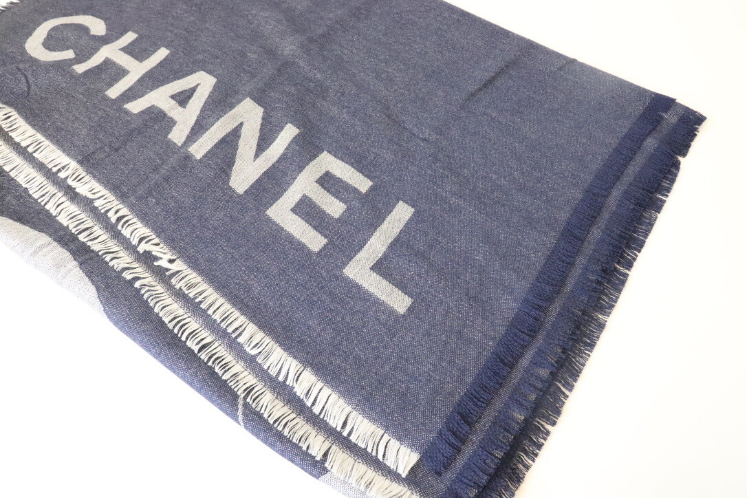 Chanel Cashmere Navy Shawl with Fringe, New - No Box