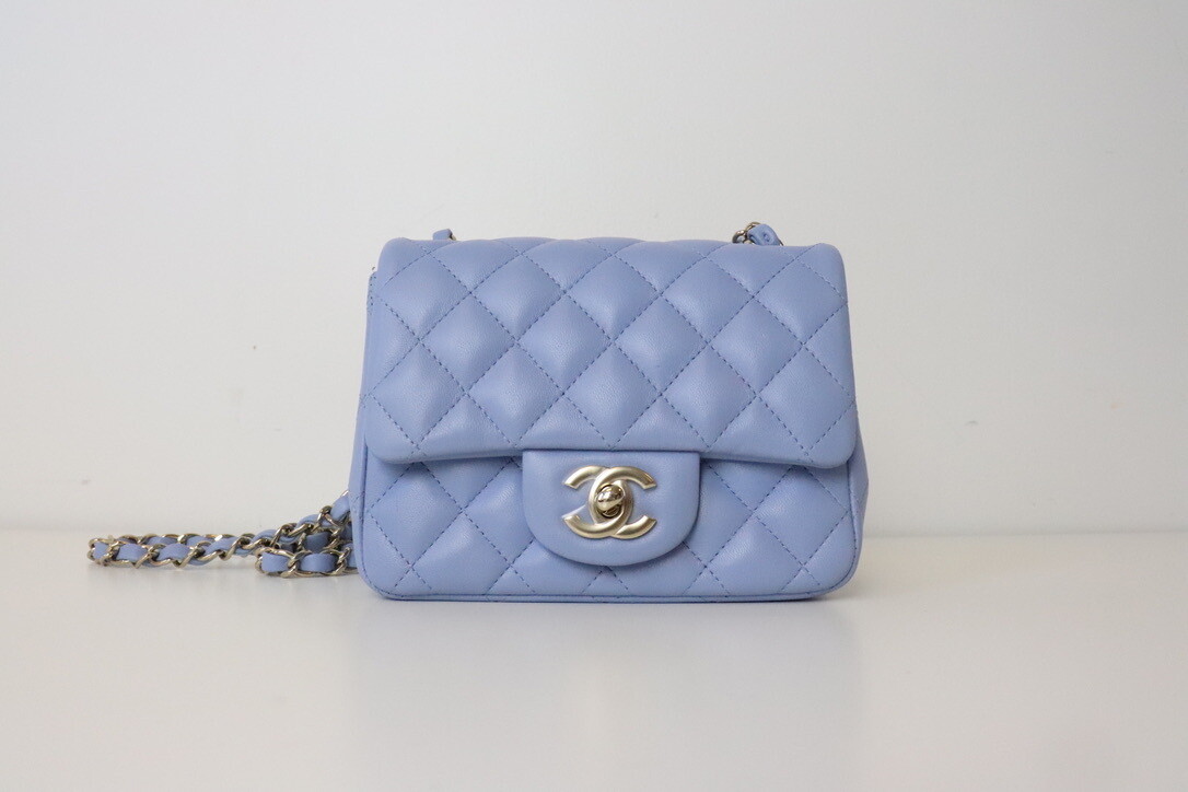 Chanel Mini Square Blue Lambskin Leather, Gold Hardware, New in Box