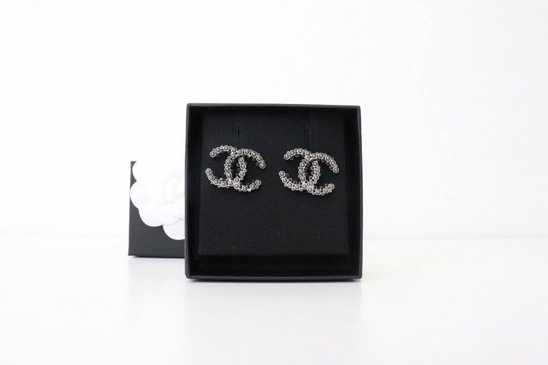 Chanel Earrings Statement Black with Grey Pearl, New in Box