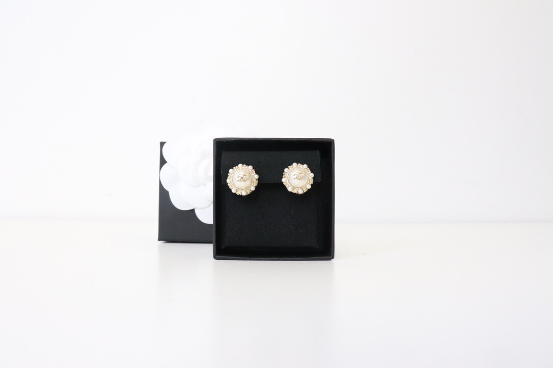 Chanel Earrings Pearl with Gold Studs, Clip On, New in Box