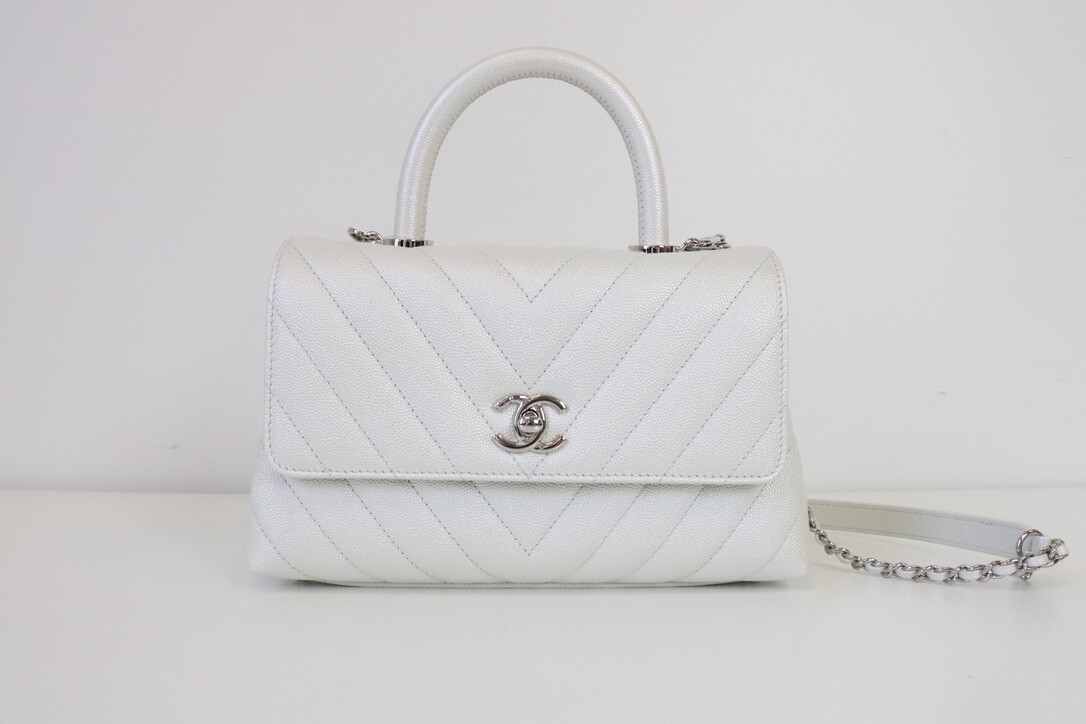 Chanel Coco Handle Small (Mini) 19K White Iridescent Caviar Chevron Leather, Silver Hardware, Preowned in Box