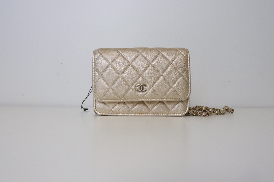CHANEL Metallic Lambskin Quilted Wallet On Chain WOC Gold 717453