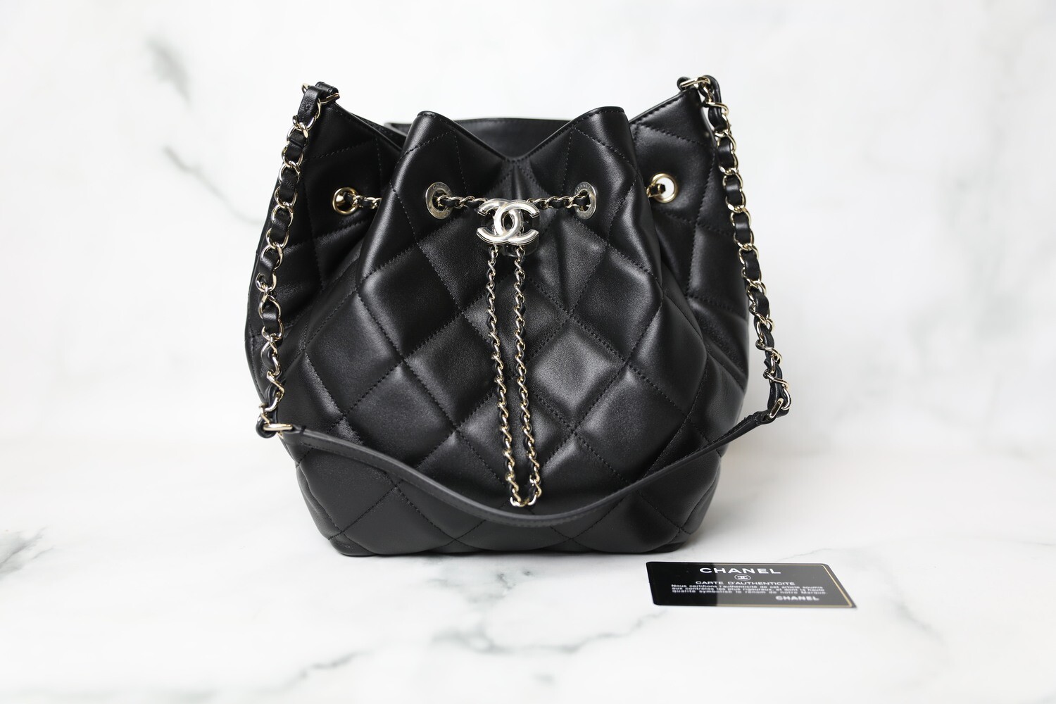 Chanel Quilted Bucket Bag, Black Calfskin with Silver Hardware, New in Box WA001