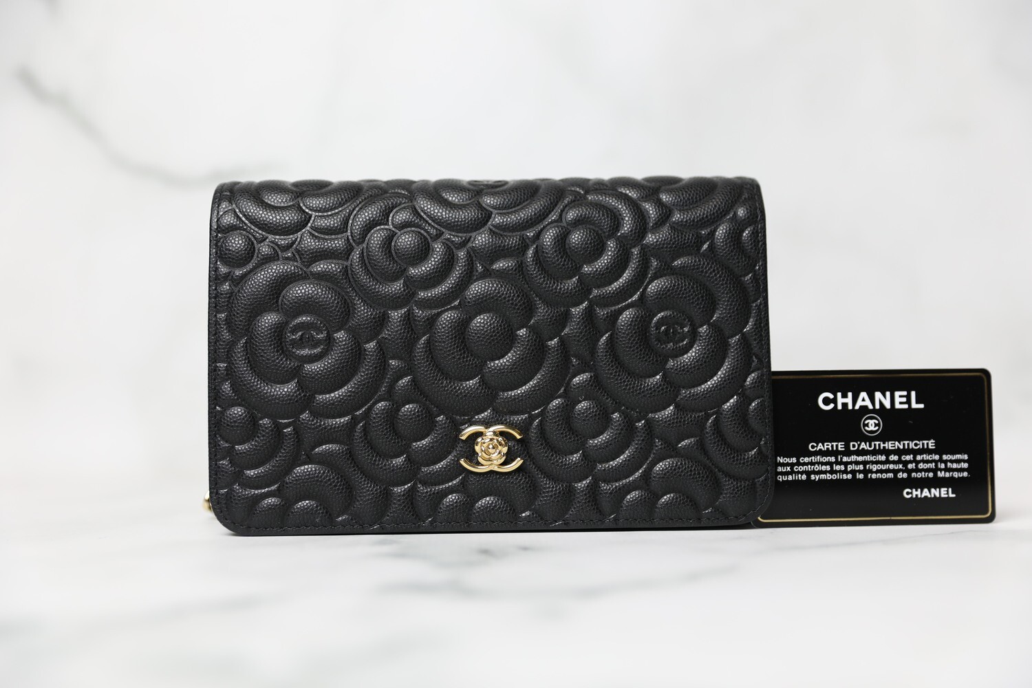 Chanel Camellia Wallet on Chain. Black Caviar with Gold Hardware