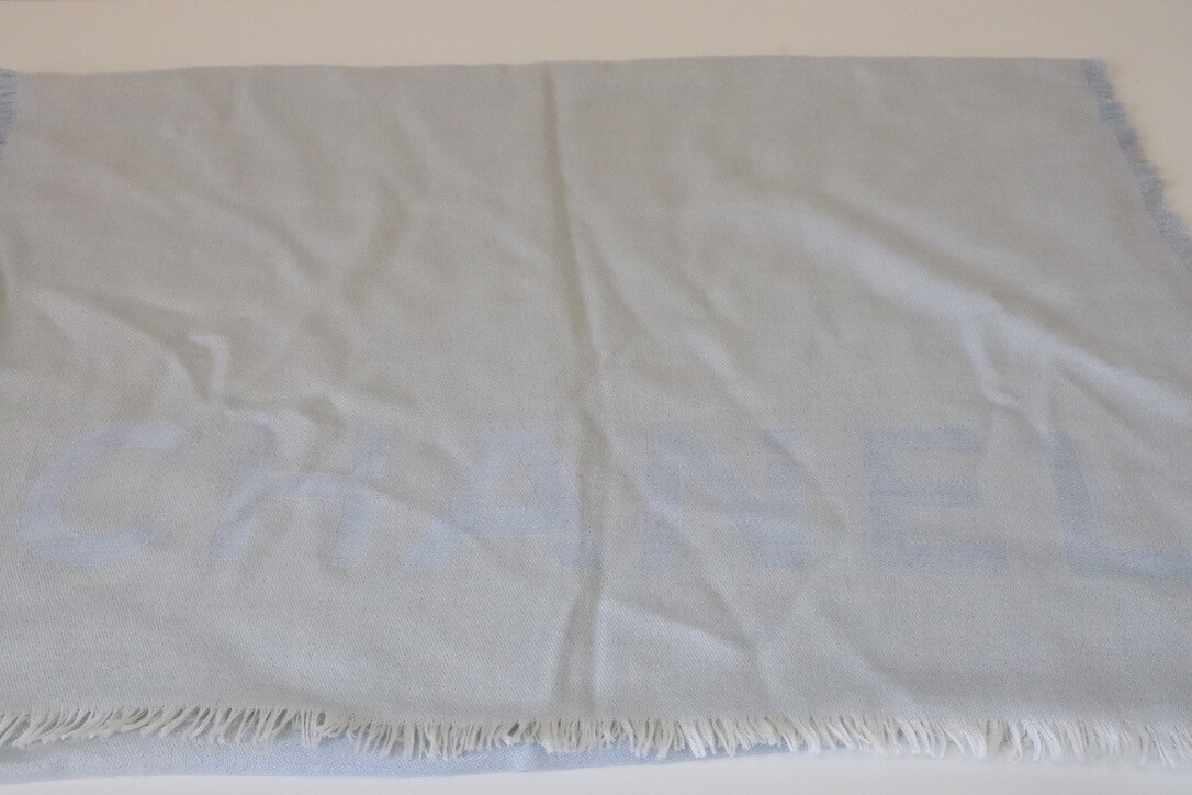 Chanel Cashmere Light Blue Shawl with Fringe, New - No Box