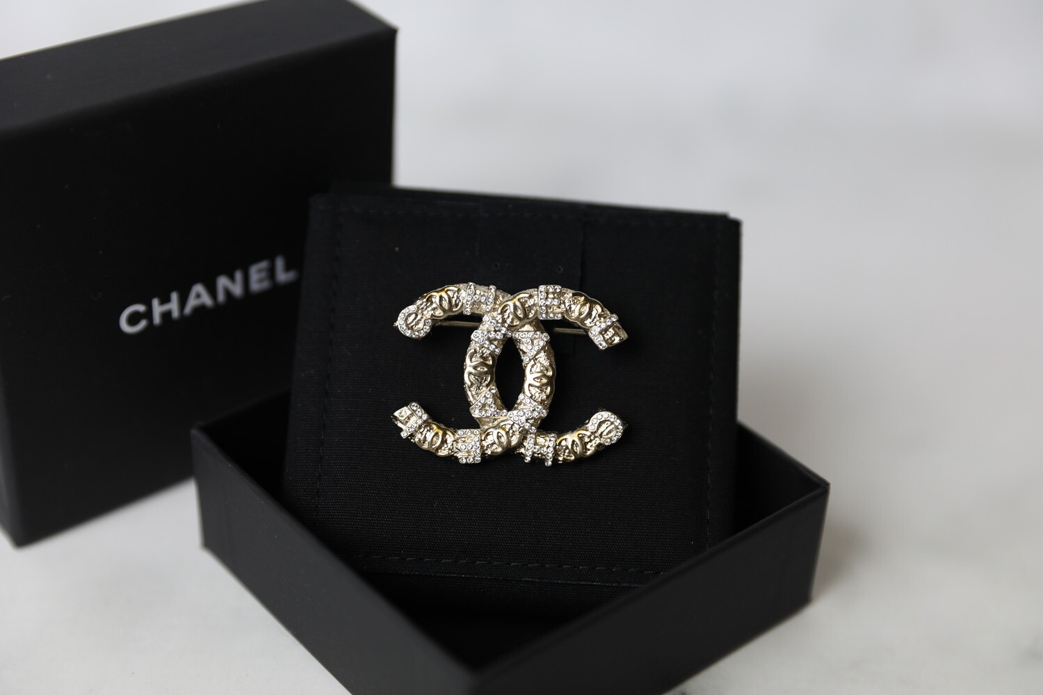Chanel Brooch with CC and Crystal Lettering, New in Box