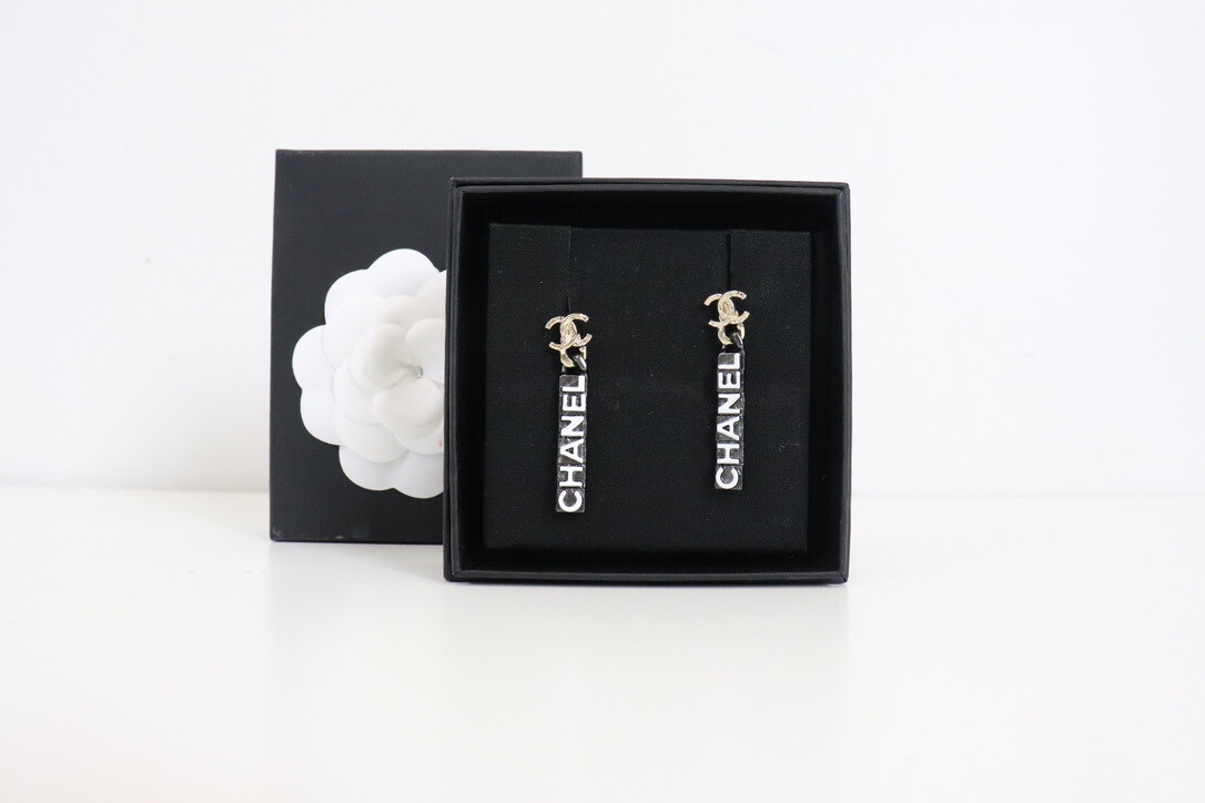 Chanel Earrings CHANEL White with Black  Logo Bar, New in Box