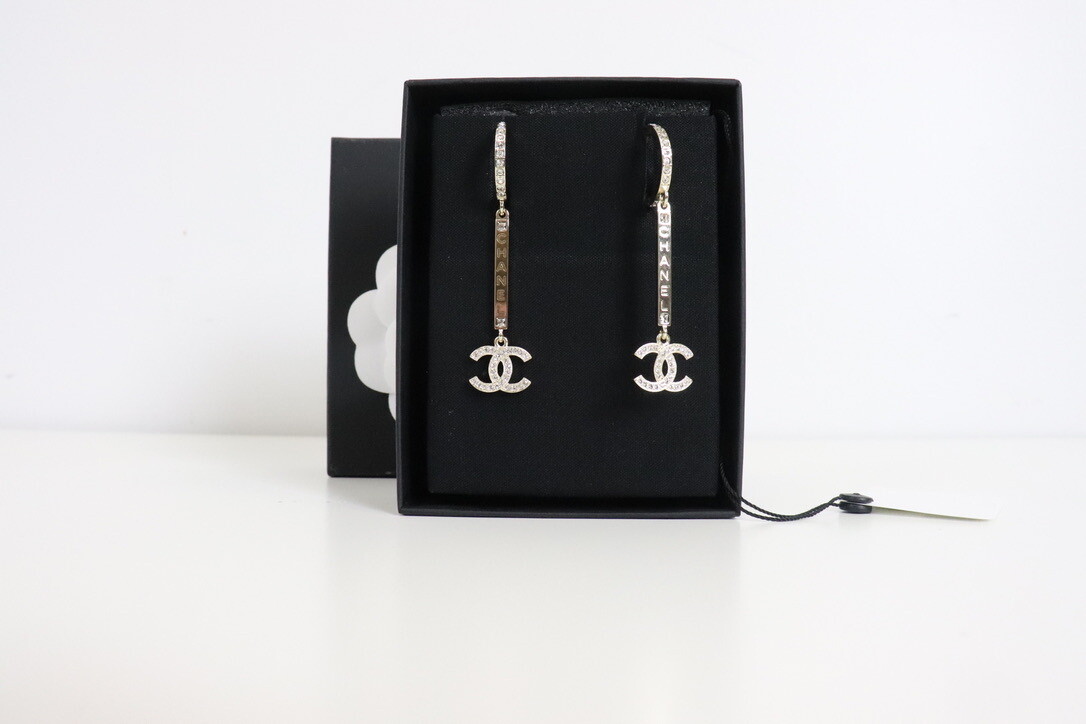 Chanel Earrings Gold with Crystal Bar Drop CC 21P, New in Box