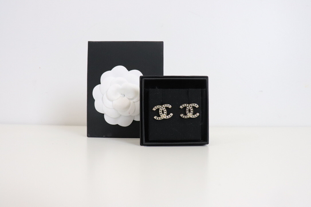Chanel Earrings Outline Studs with Crystal, New in Box