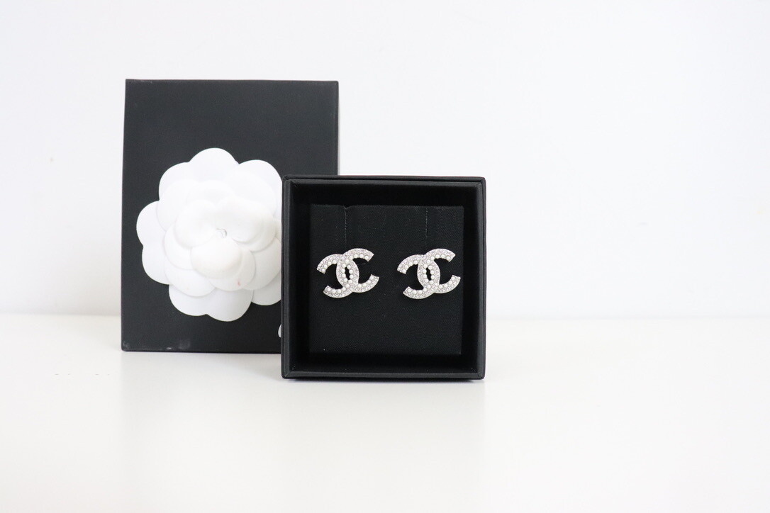 Chanel Earrings Silver Small Studs with Crystal, New in Box