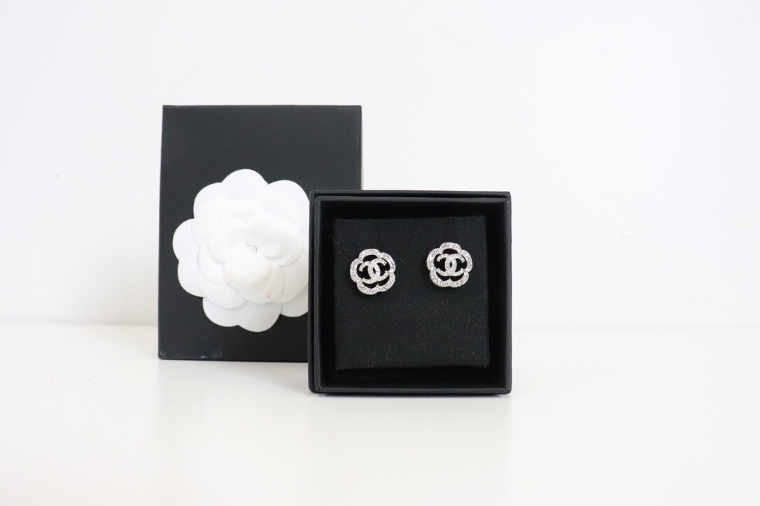 Chanel Earrings Crystal Camellia Stud, New in Box